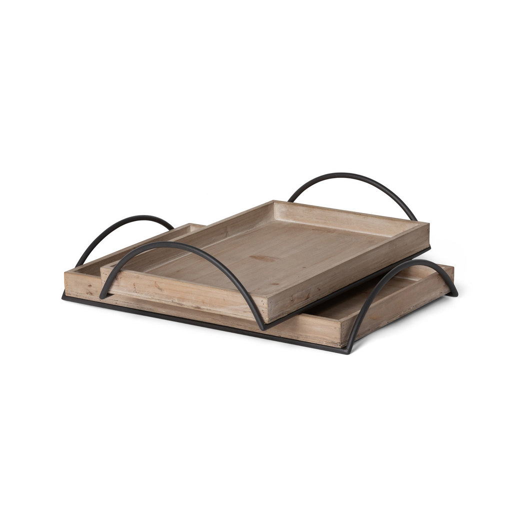 Wood Trays with Iron Handle, Set of 2 - Bombay Mercantile