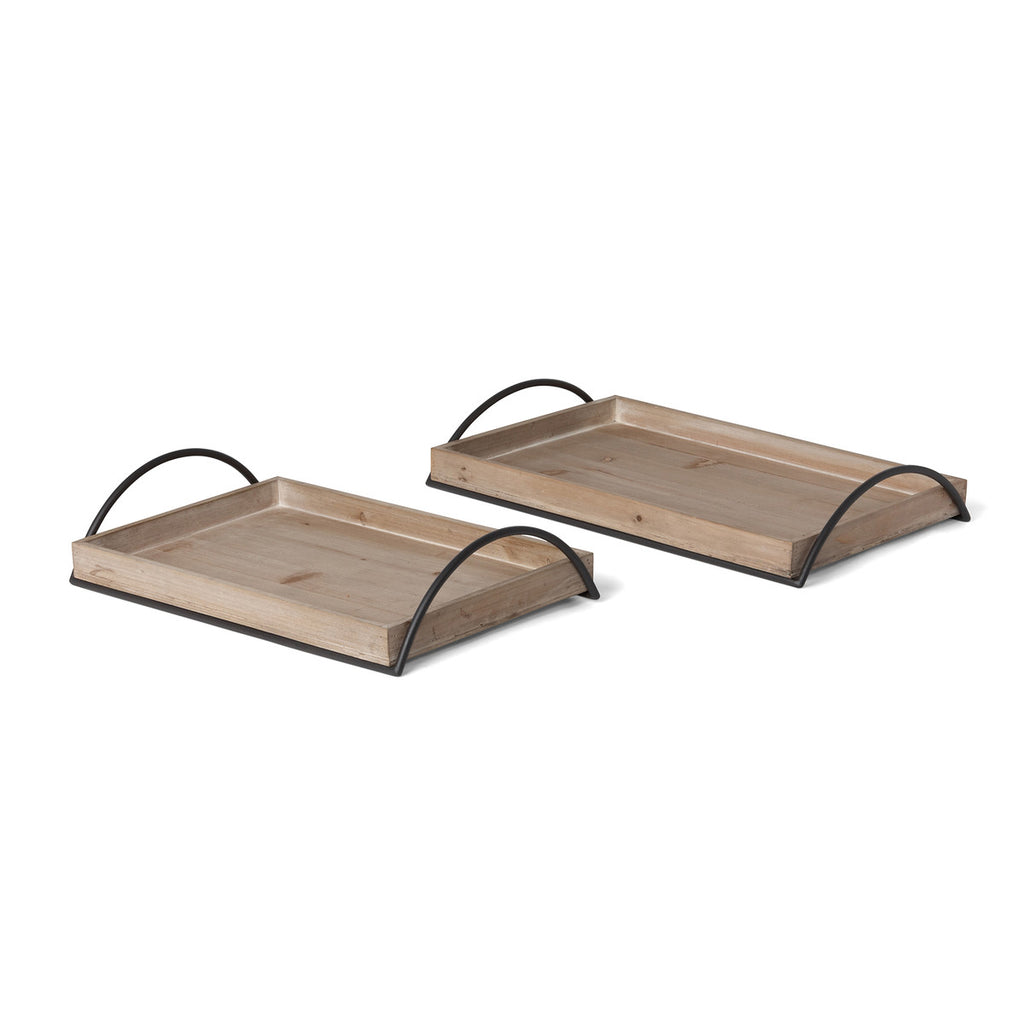 Wood Trays with Iron Handle, Set of 2 - Bombay Mercantile