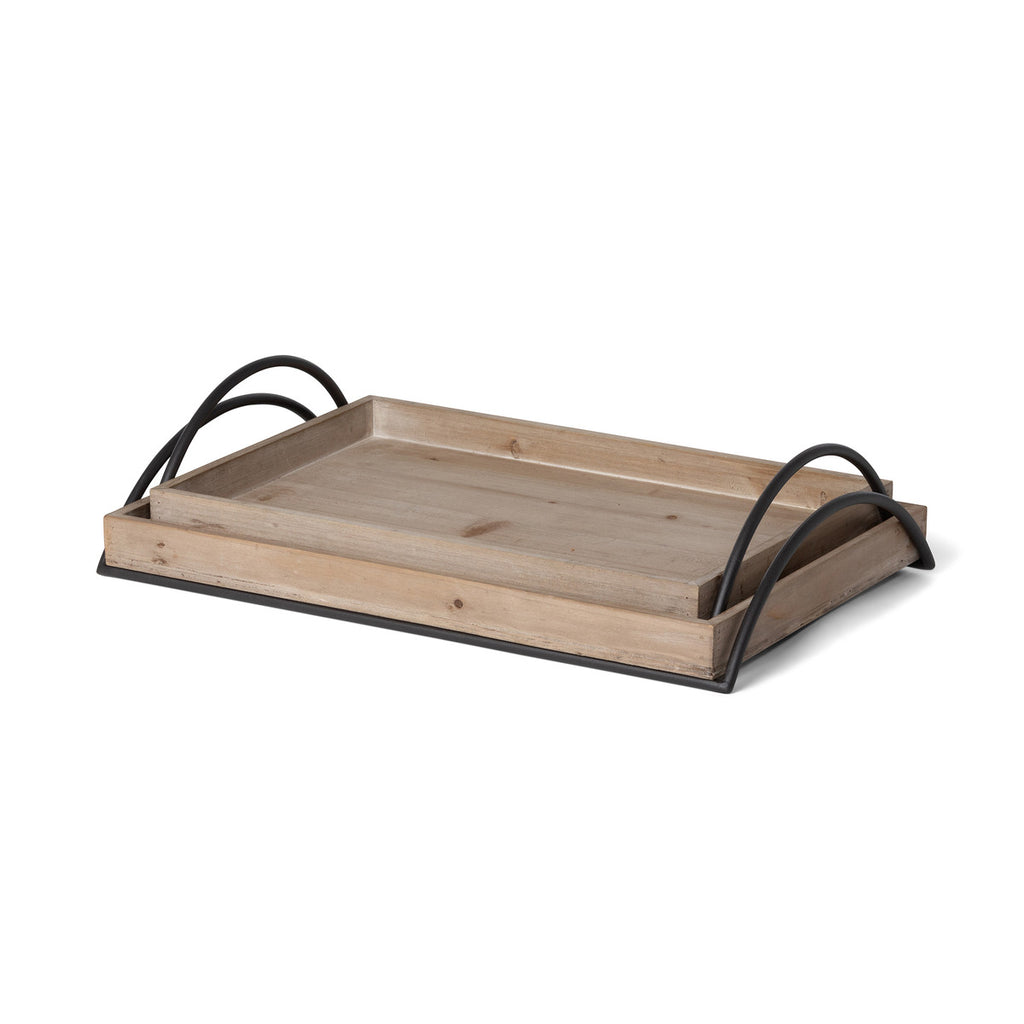 Wood Trays with Iron Handle, Set of 2 - Bombay Mercantile