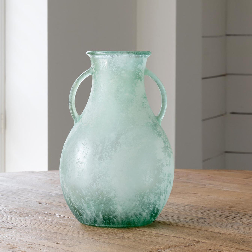Glass Vase with Handles Frosted Seafoam - Bombay Mercantile