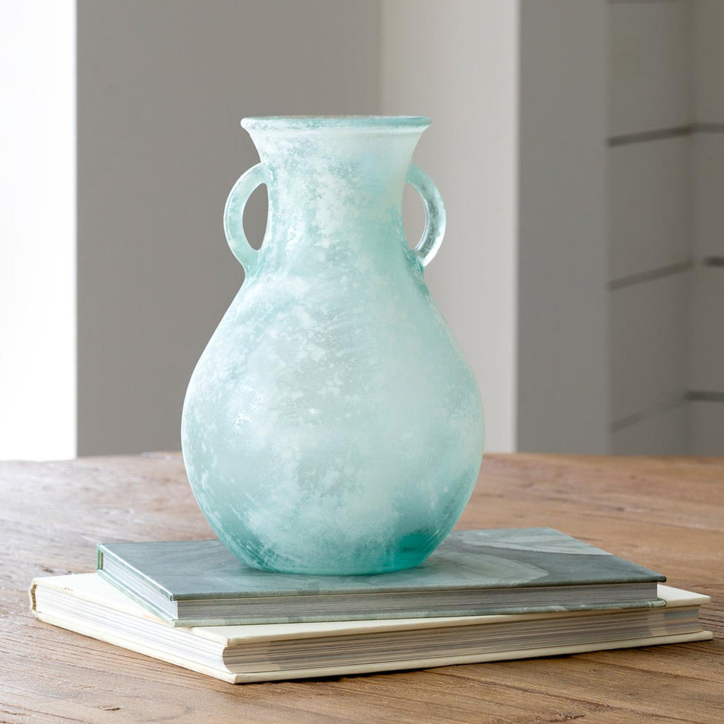 Glass Vase with Handles Frosted Seafoam - Bombay Mercantile