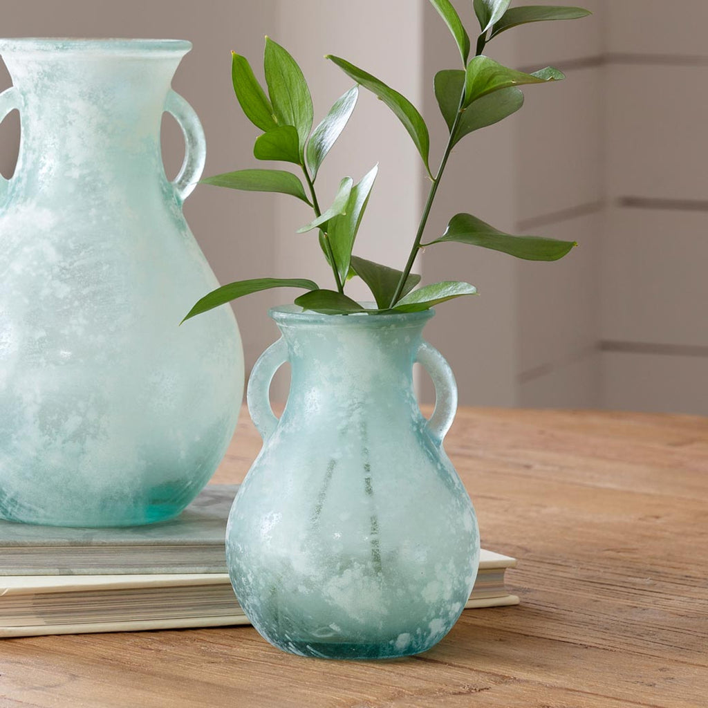 Glass Vase with Handles Frosted Seafoam - Bombay Mercantile
