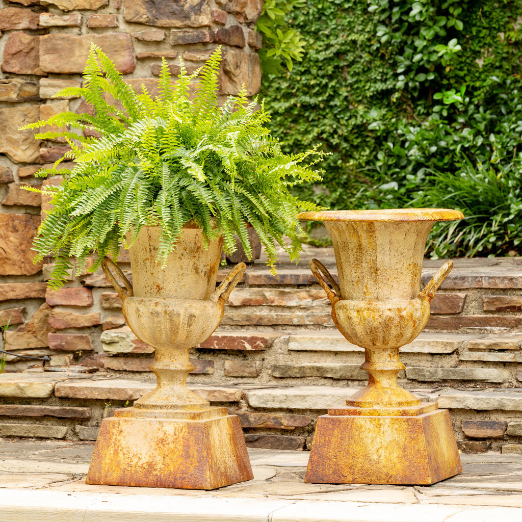 Fluted Metal Urn with Pedestal, 33" - Bombay Mercantile