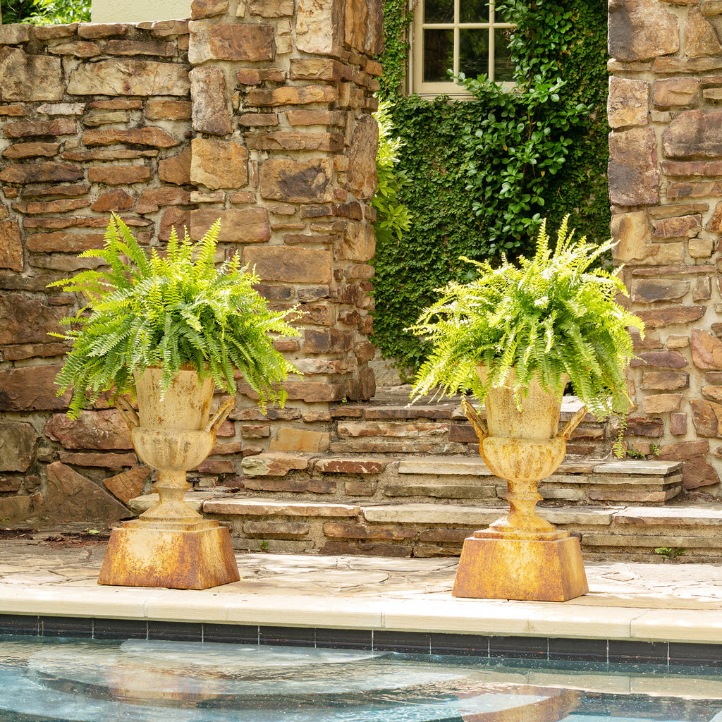 Fluted Metal Urn with Pedestal, 33" - Bombay Mercantile
