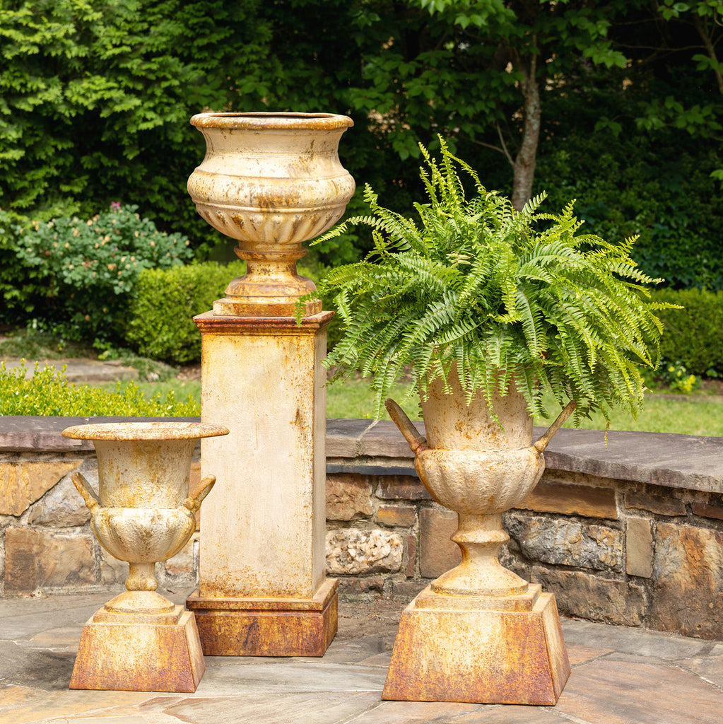 Fluted Metal Urn with Pedestal, 33" - Bombay Mercantile