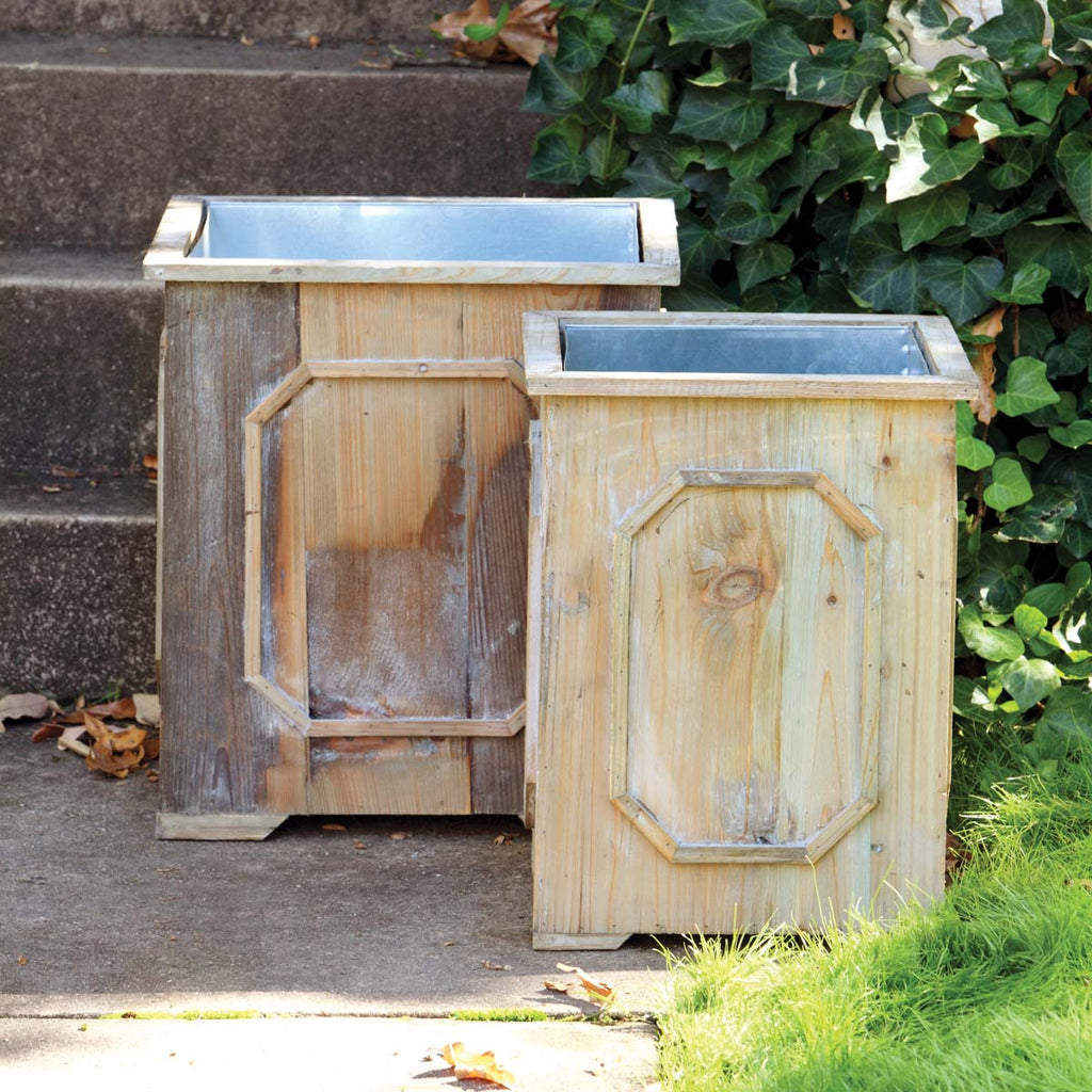 Reclaimed Wood Medallion Planters Set of 2/tin liners - Bombay Mercantile