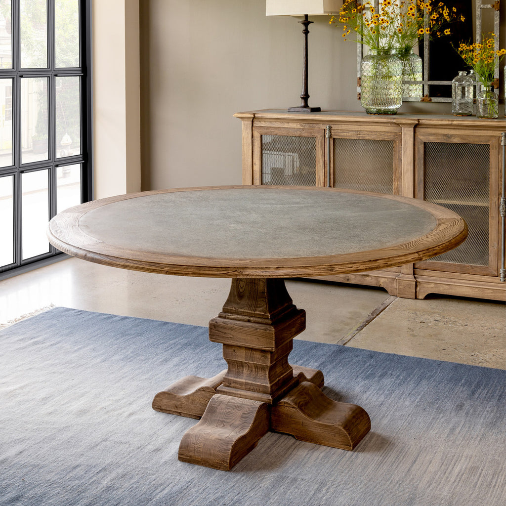 Aged Zinc Top Round Dining Table - Bombay Mercantile
