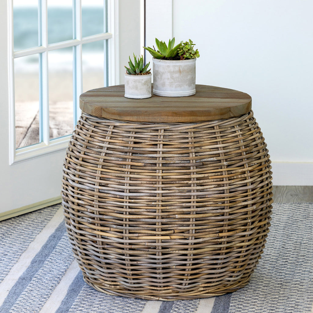 Rattan Side Table with Wood Top - Bombay Mercantile