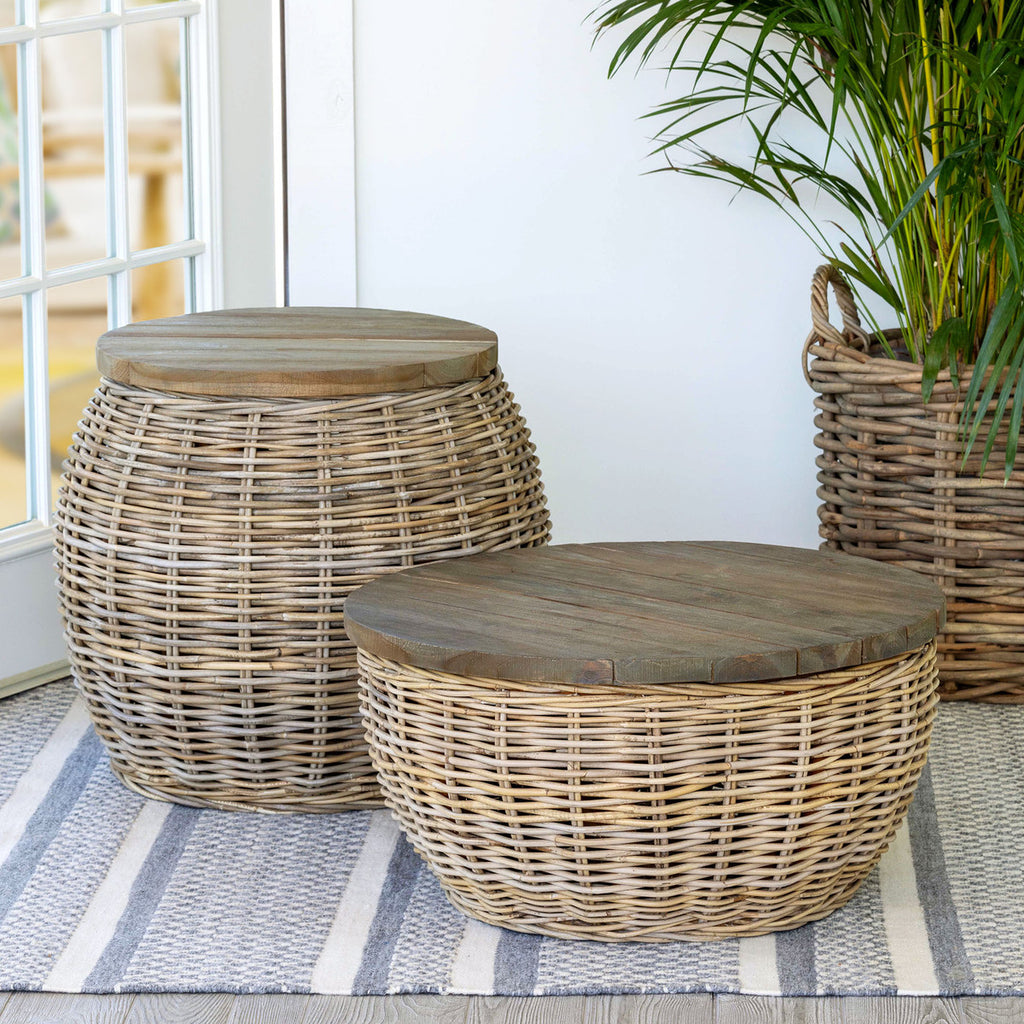 Rattan Side Table with Wood Top - Bombay Mercantile