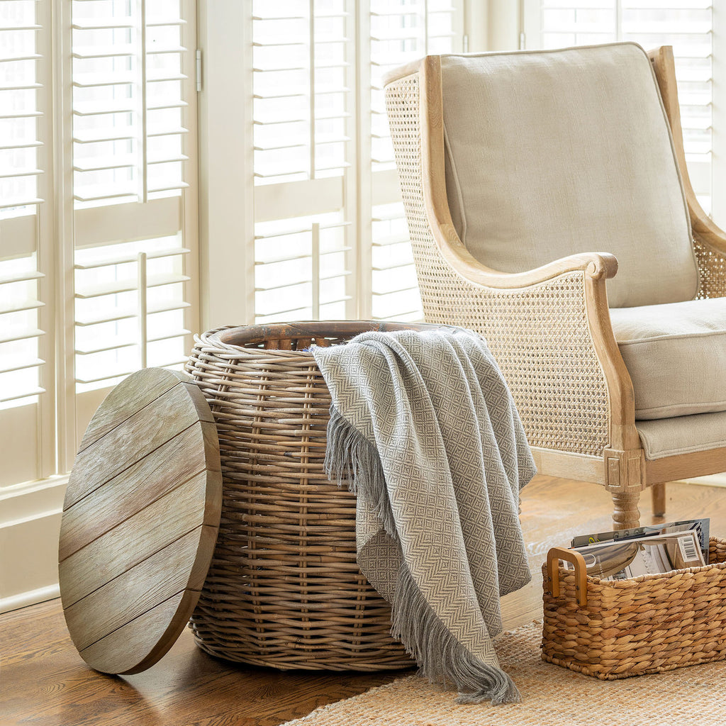 Rattan Side Table with Wood Top - Bombay Mercantile