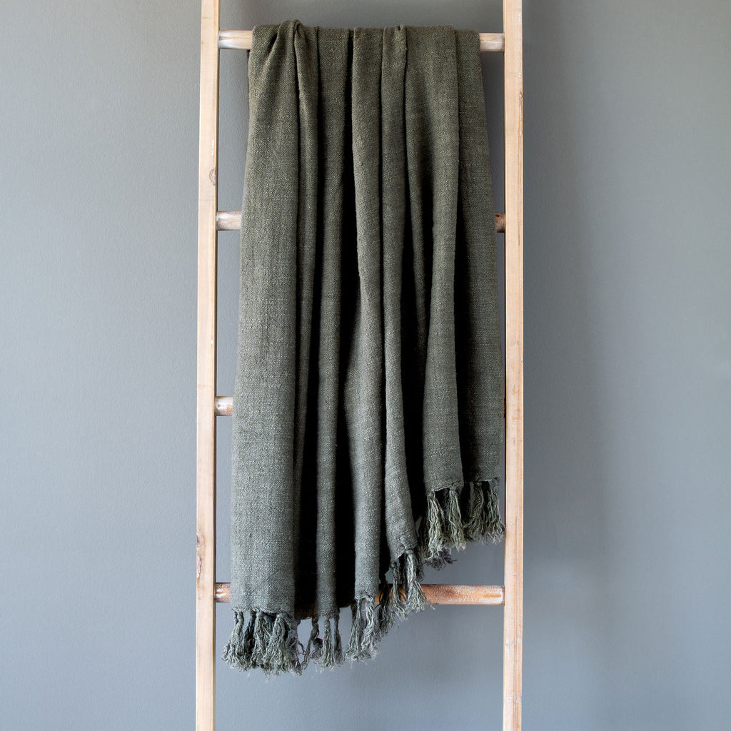 Washed Linen Throw, Olive Green - Bombay Mercantile
