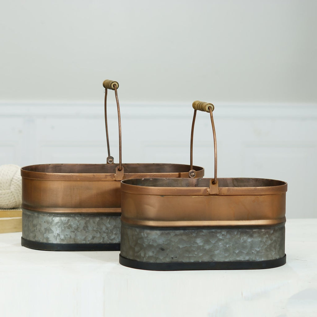 Copper galvanized metal bucket, set of 2 - Bombay Mercantile