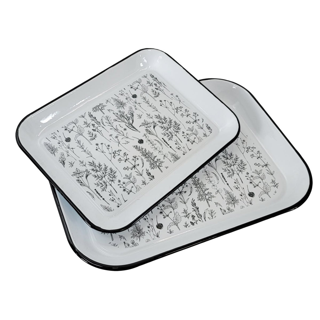 Metal enamelware floral serving trays, Set of 2 - Bombay Mercantile