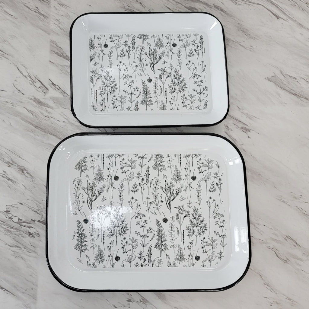 Metal enamelware floral serving trays, Set of 2 - Bombay Mercantile