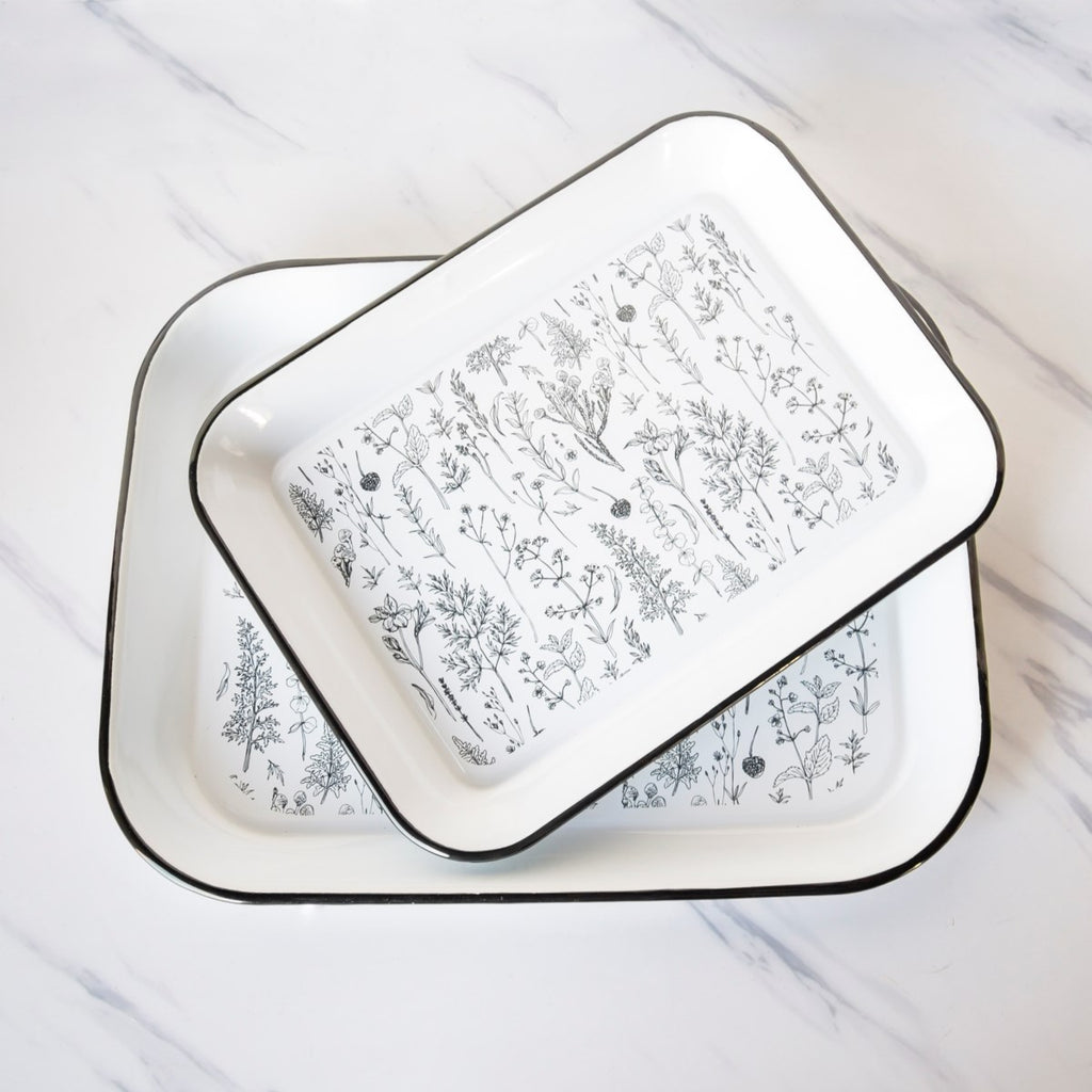 Metal enamelware floral serving trays, Set of 2 - Bombay Mercantile