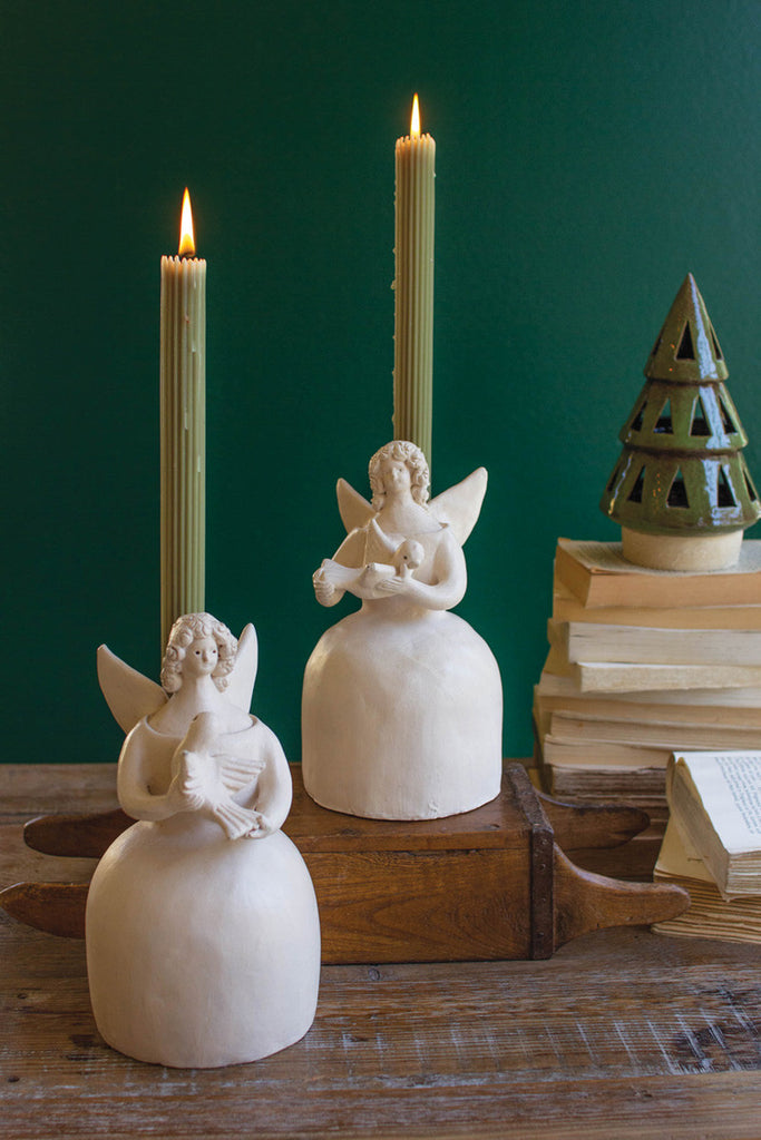 Set of 2 clay angels taper holders - Bombay Mercantile