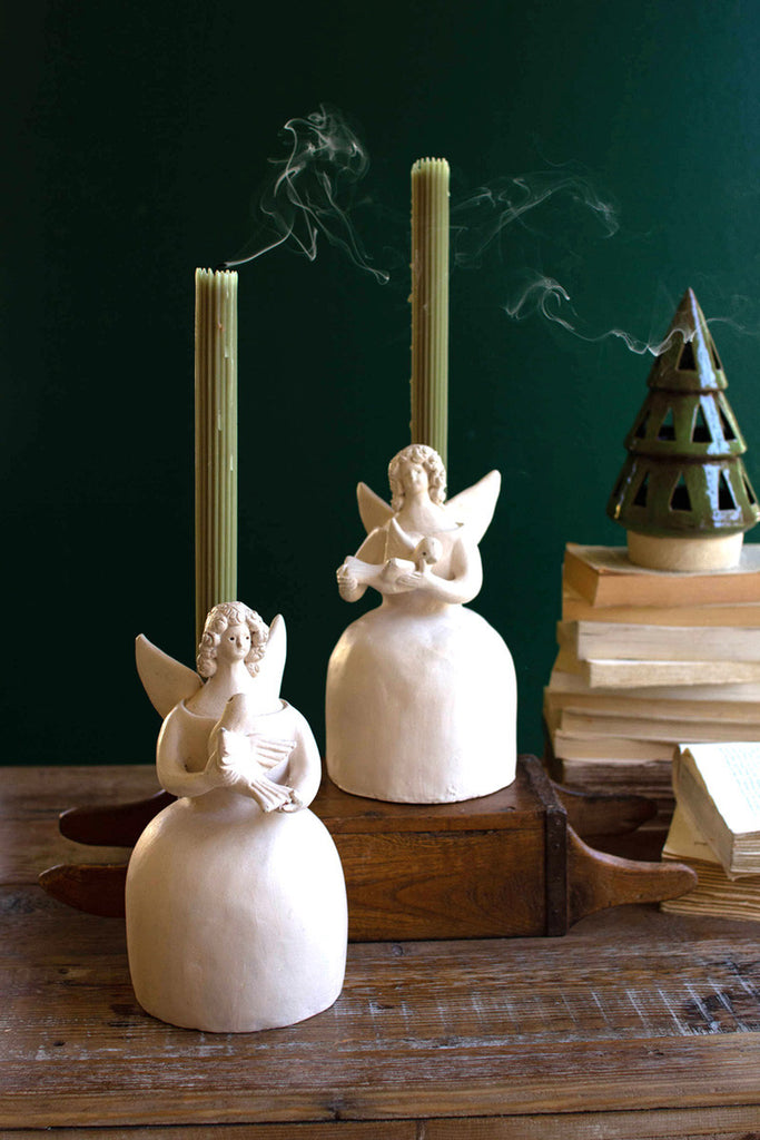 Set of 2 clay angels taper holders - Bombay Mercantile