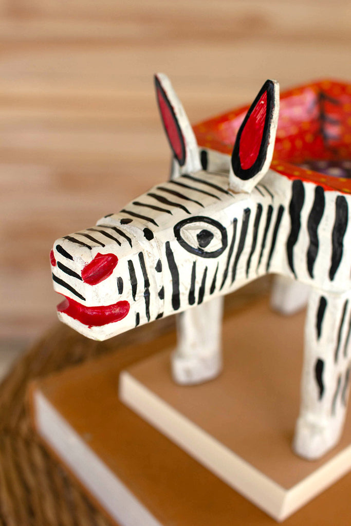 Painted wooden zebra vessel - Bombay Mercantile