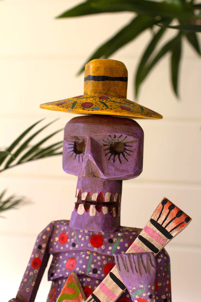 Painted wooden skeleton guitarist - Bombay Mercantile