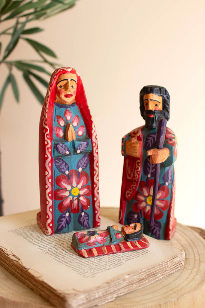 Set of 3 painted wooden mary, joseph and jesus - Bombay Mercantile