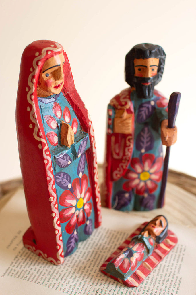 Set of 3 painted wooden mary, joseph and jesus - Bombay Mercantile