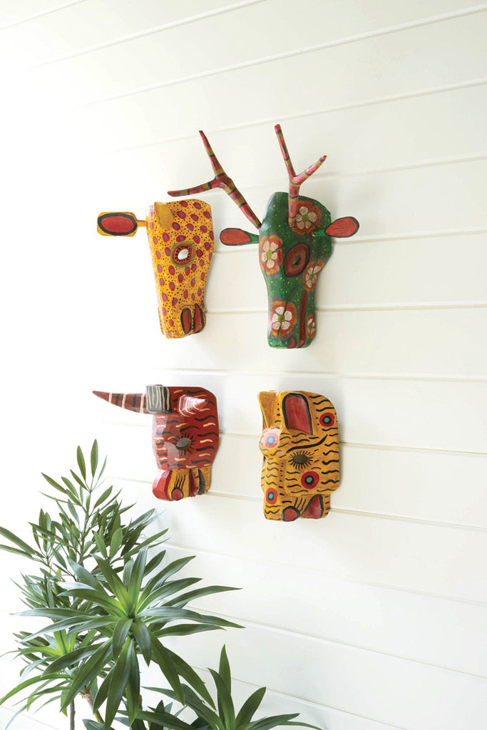 Set of 4 painted wooden animal masks - Bombay Mercantile