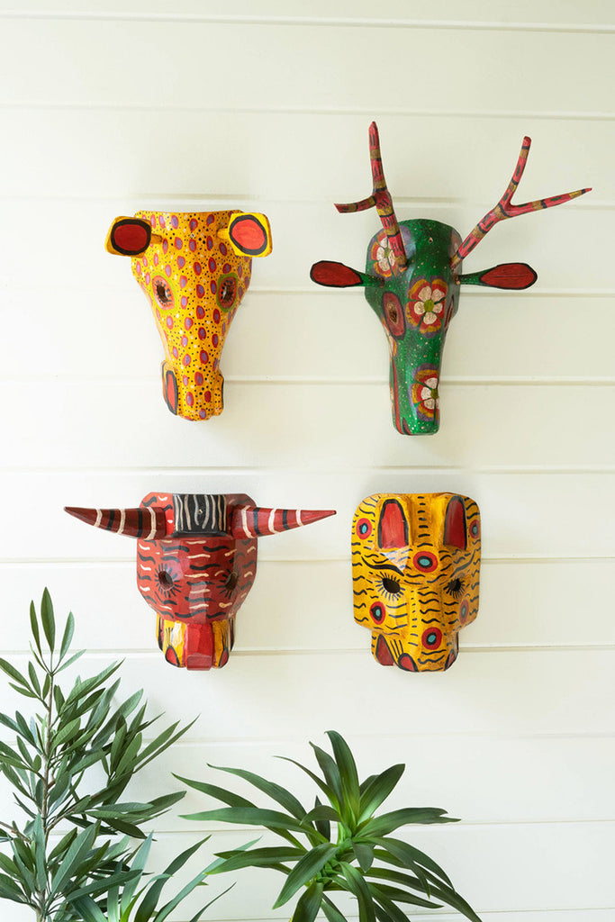 Set of 4 painted wooden animal masks - Bombay Mercantile