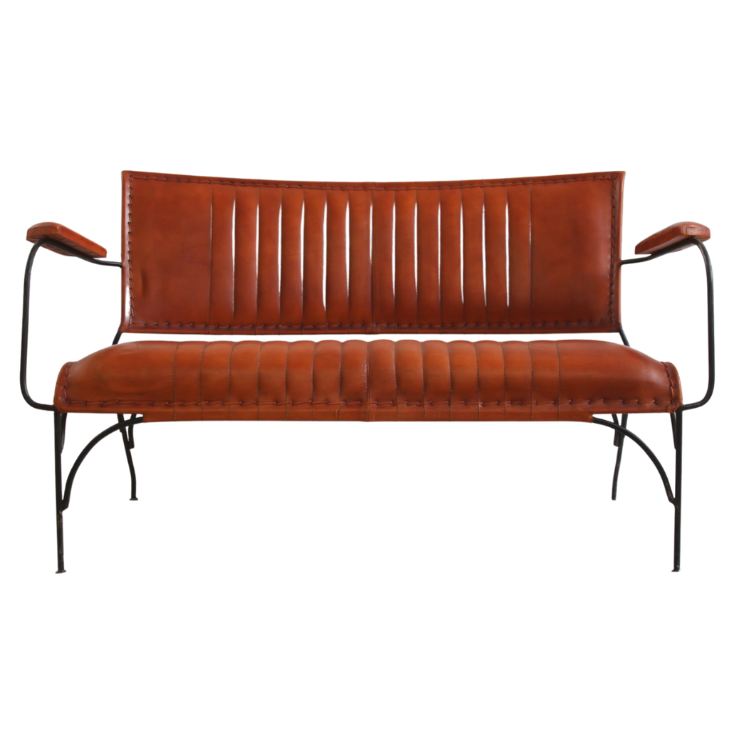 Iron and Leather Bench - Bombay Mercantile