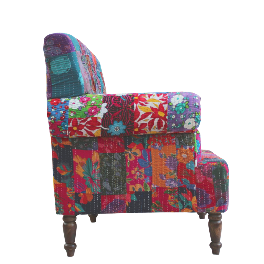 Kantha embroidered Patchwork Fabric Armchair - Bombay Mercantile