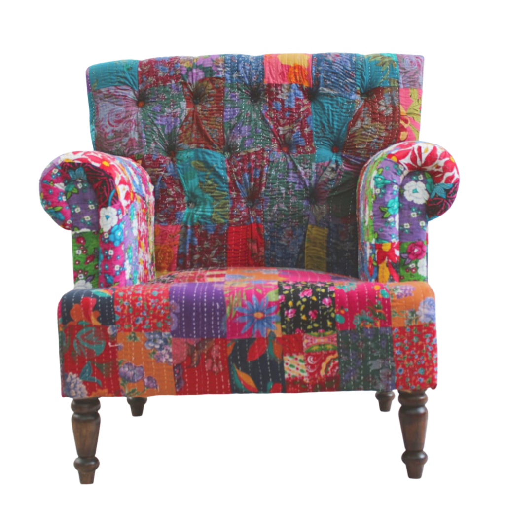 Kantha embroidered Patchwork Fabric Armchair - Bombay Mercantile
