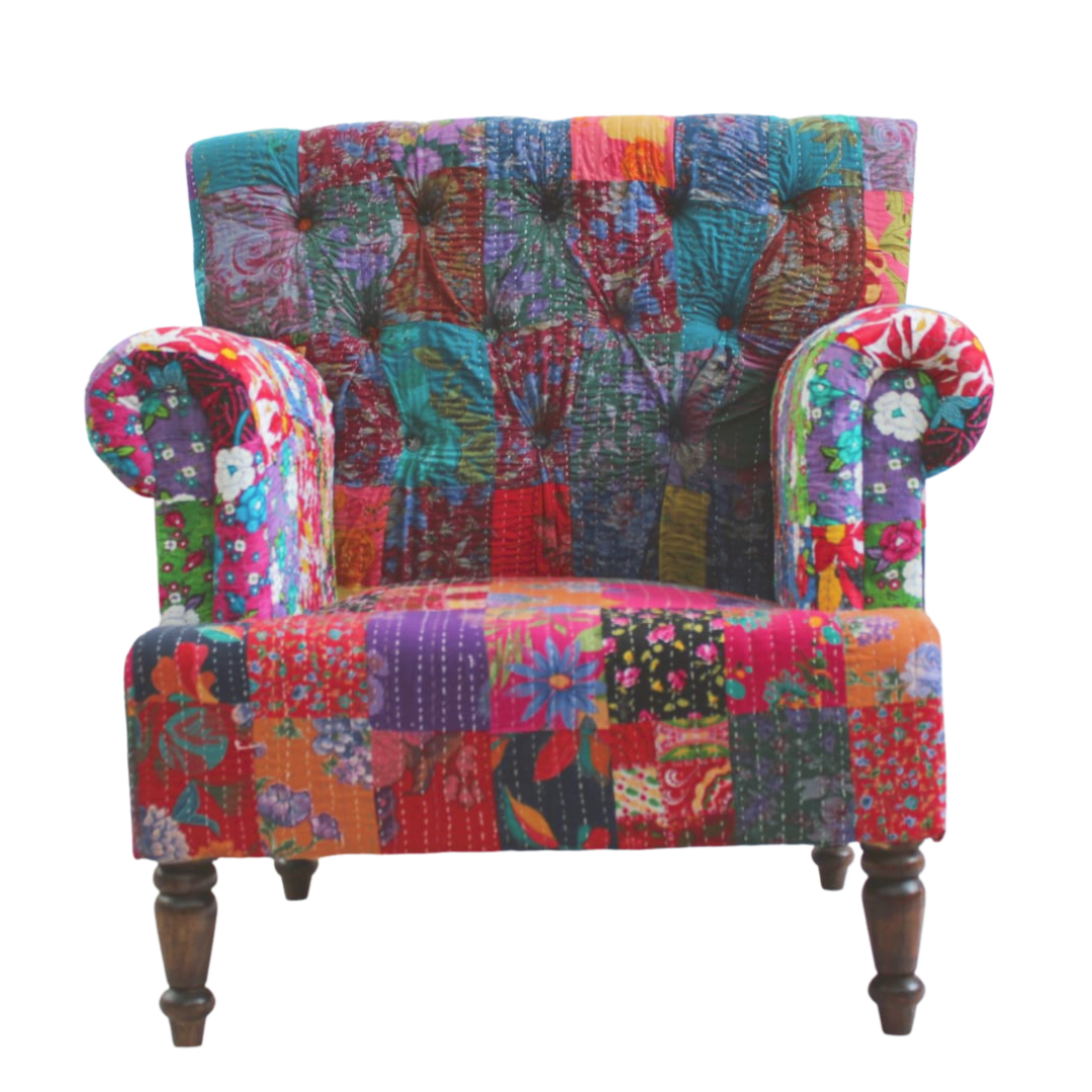 Kantha embroidered Patchwork Fabric Armchair Bombay Mercantile