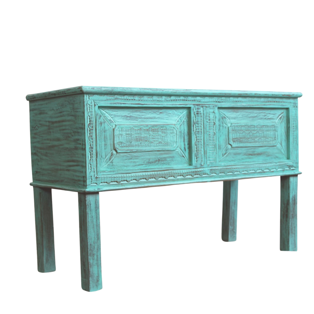 Antique console table in green distress finish - Bombay Mercantile