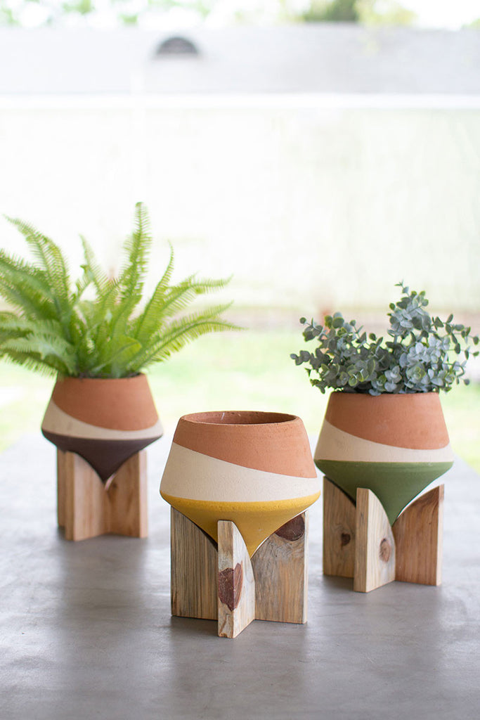 Double dipped clay vases on wood bases, set of 3 - The Nifty Decor