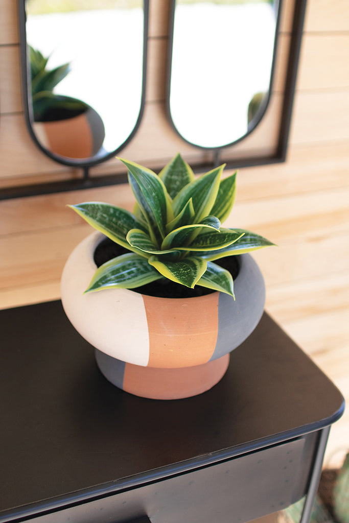 Clay low round triple stripe planter - The Nifty Decor