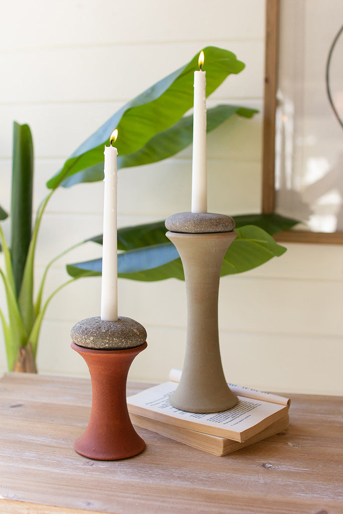 Clay and river rock taper candle holders, set of 2 - The Nifty Decor