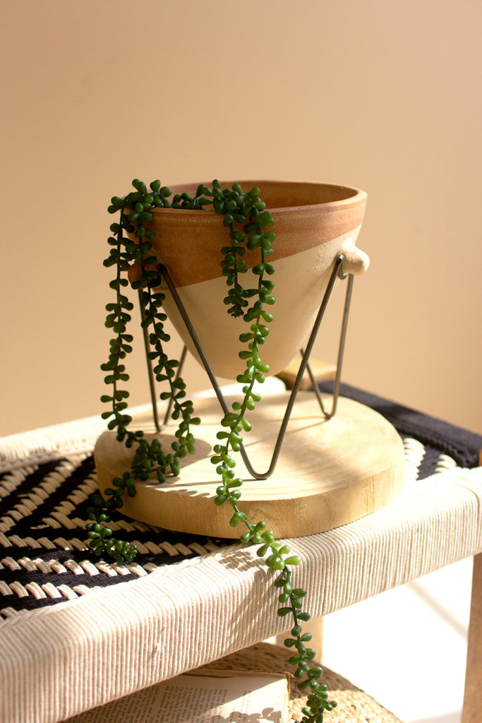 Ivory dipped clay pot with knobs on wire stand - Bombay Mercantile