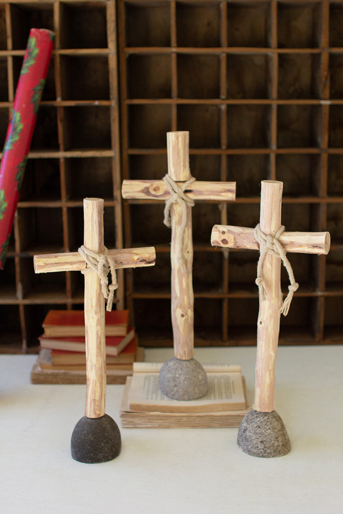 Set of 3 recycled wood crosses on rock base - The Nifty Decor
