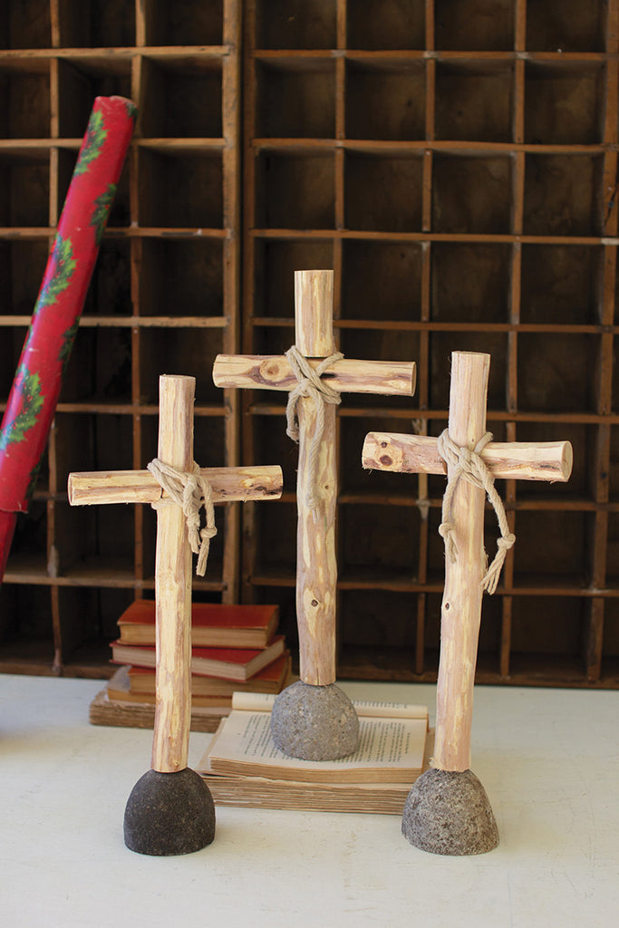 Set of 3 recycled wood crosses on rock base - The Nifty Decor