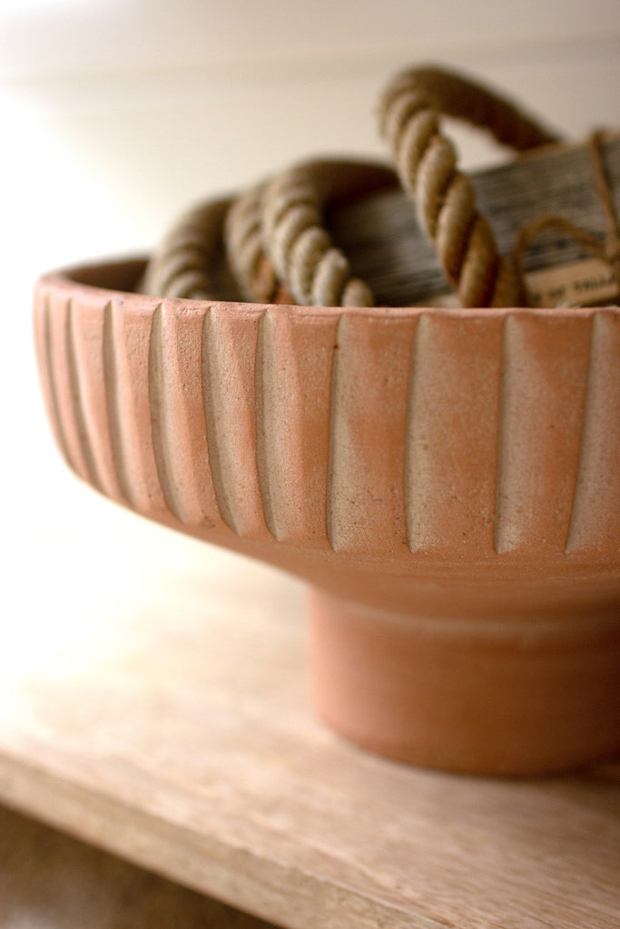 Footed clay bowls with detail on rim \ white wash - Bombay Mercantile