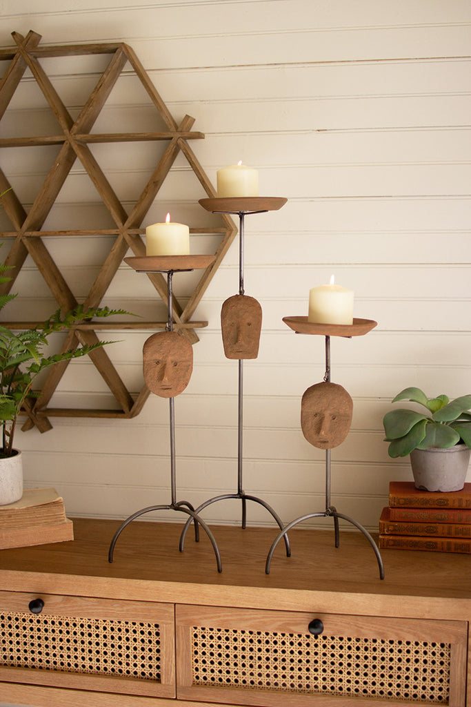 Set of 3 Iron pillar holders with clay faces - The Nifty Decor