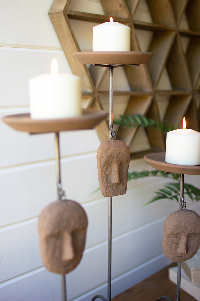 Set of 3 Iron pillar holders with clay faces - The Nifty Decor