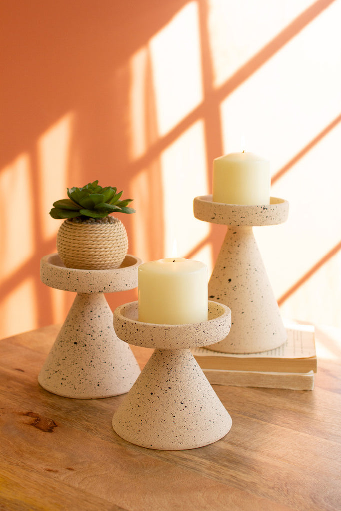 Set of 3 speckled clay pillar candle holders - Bombay Mercantile