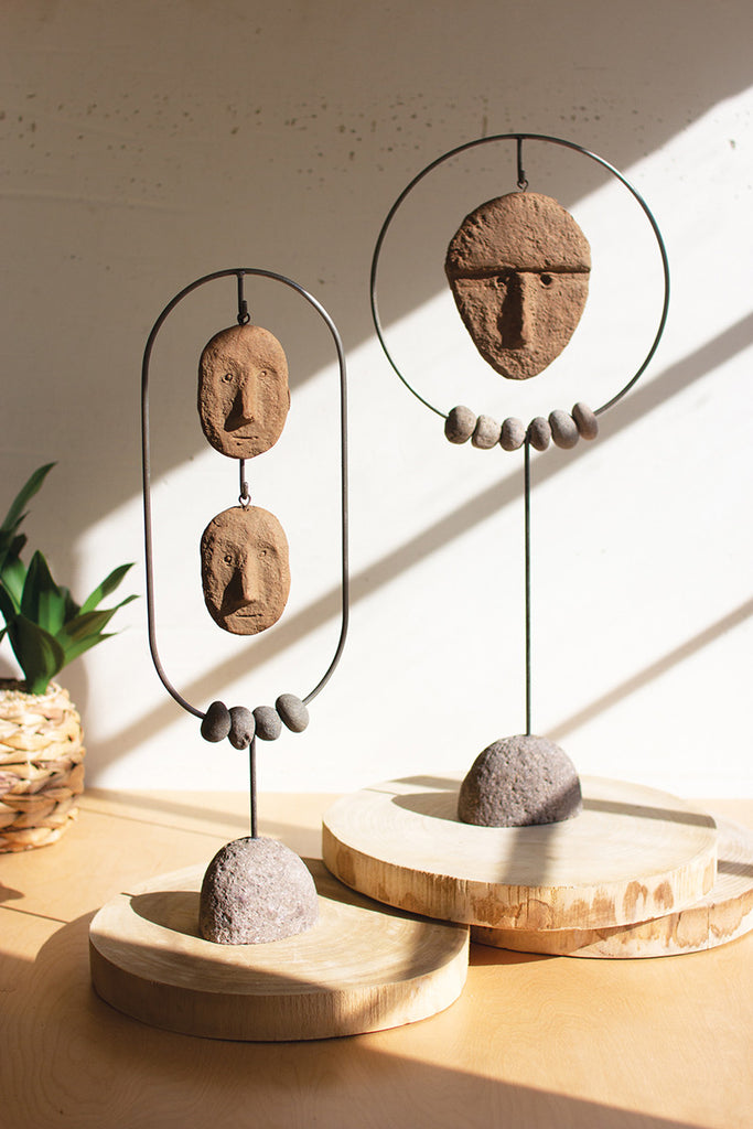 Set of 2  river rock, clay face sculptures - The Nifty Decor