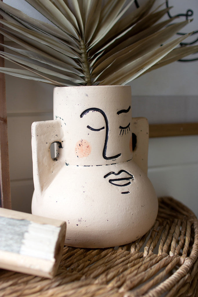 Painted clay face vase - Bombay Mercantile