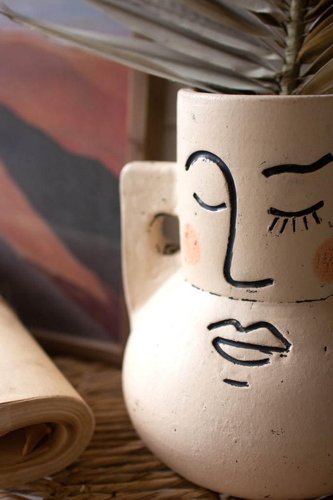 Painted clay face vase - Bombay Mercantile