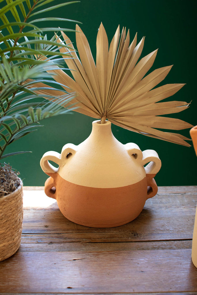 Ivory dipped clay vase with squiggle handles - Bombay Mercantile