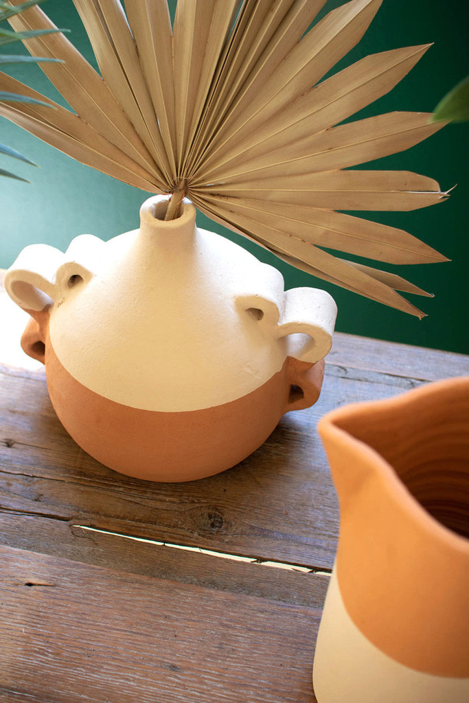 Ivory dipped clay vase with squiggle handles - Bombay Mercantile