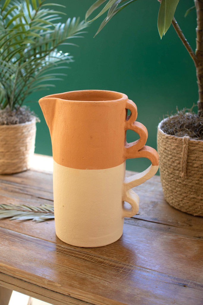Ivory dipped clay pitcher vase with squiggle handles - Bombay Mercantile