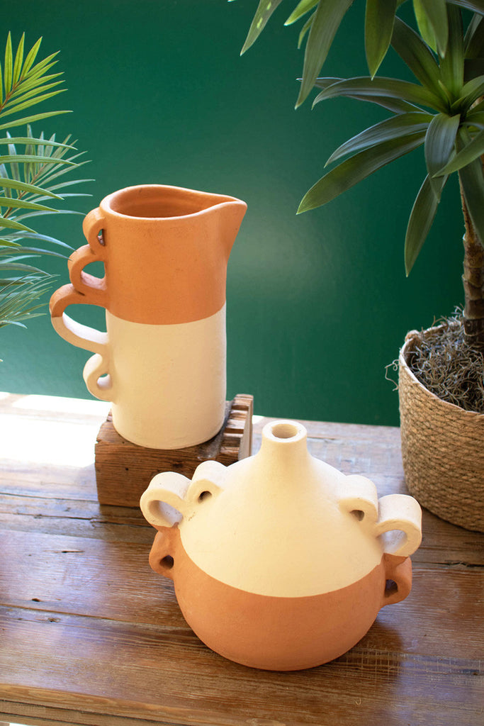 Ivory dipped clay pitcher vase with squiggle handles - Bombay Mercantile