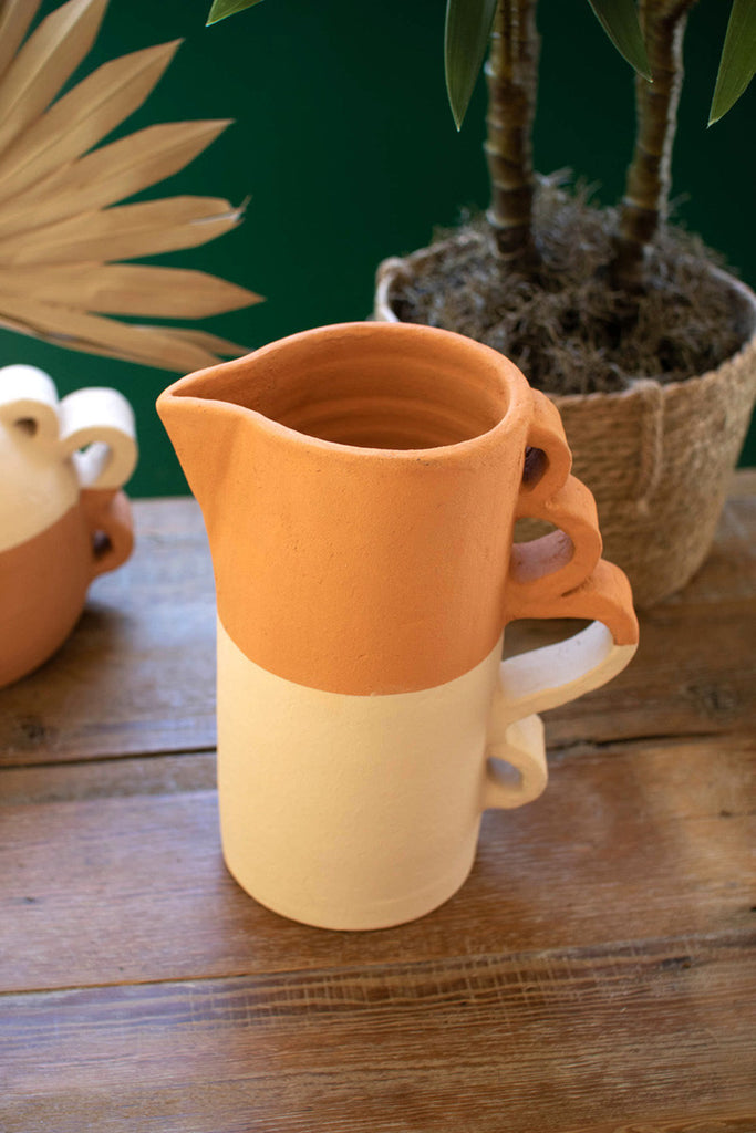 Ivory dipped clay pitcher vase with squiggle handles - Bombay Mercantile